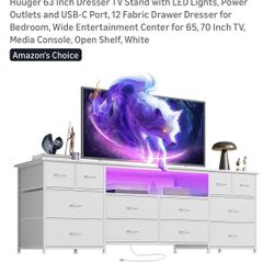 Huuger 63 Inch Dresser TV Stand with LED Lights, Power Outlets and USB-C Port, 12 Fabric Drawer Dresser for Bedroom, Wide Entertainment Center for 65,