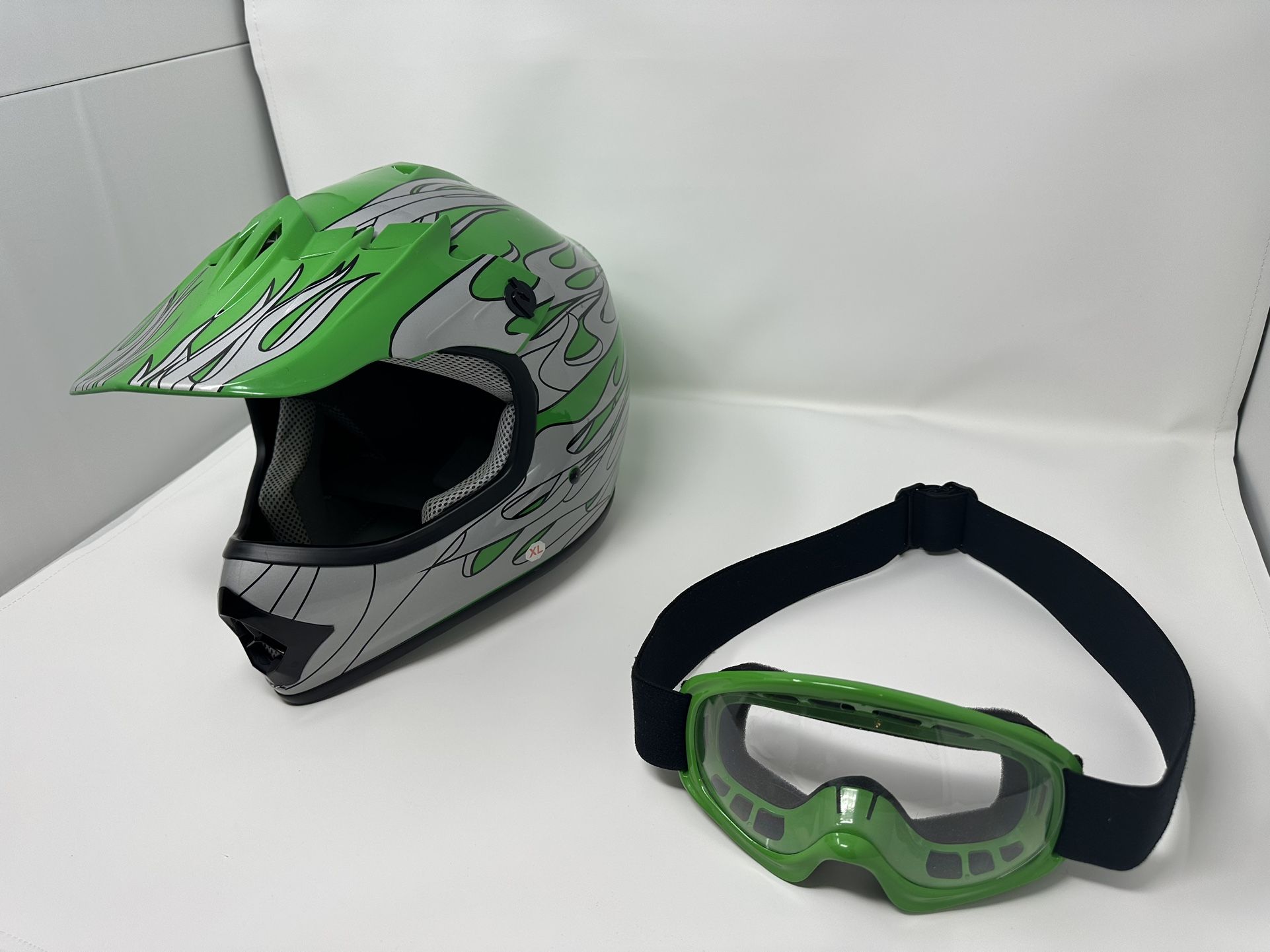 DOT Youth Kids Motocross Helmet with Goggles Green Flame