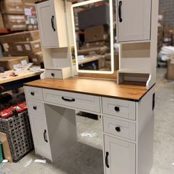 Dressing Table with Large Mirror and Lights, Makeup Dressing Table with Charging Station $180 