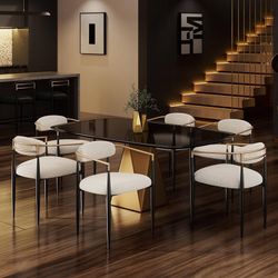  Dining Chairs Set of 6, Upholstered Boucle Dining Chairs with Gold Armrest and Black Metal Legs, Accent Chairs for Kitchen, Living Room and Lounge