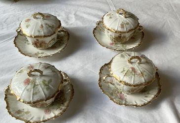 Antique Porcelain Bouillon Cups, Lids, Saucers. Pink Roses With Gilding