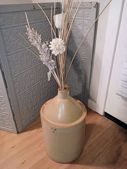 Large Jug 20" Stoneware Pottery 5 Gallons Crock Beige Tan & Floral Arrangement