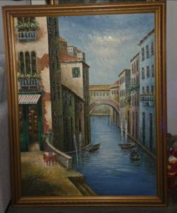 Large Vintage Venice Canal Oil Painting Framed Canvas Venetian Gondola Landscape Art