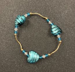 Vintage Murano Glass Teal Blue Heart Beads Stretch Bracelet w/Swarovski Beads