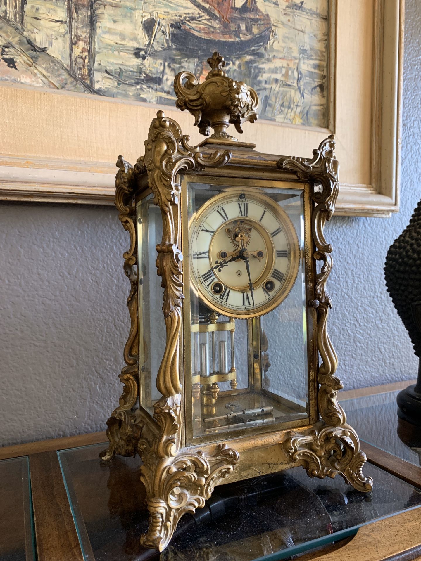 Early 1900’s Ansonia Gold Ornate Brass Clock w key