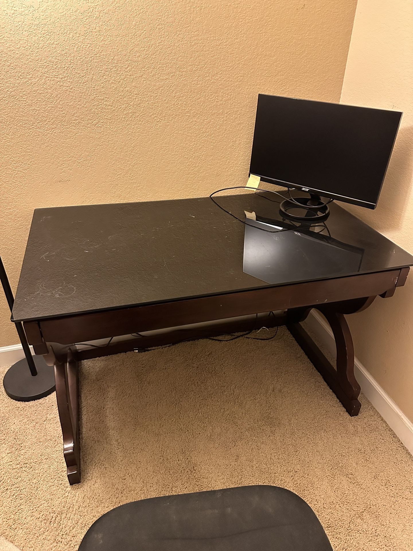 Large Wood Desk With Glass Too And Drawer