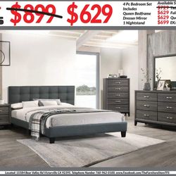 4pc Bedroom Set $629 Queen $699 Eastern King/California King Includes bedframe Dresser mirror nightstand Gray Bedroom Set