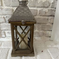 Wood Lantern With Metal Top