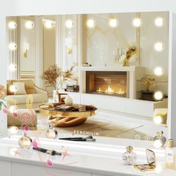FENCHILIN Vanity Mirror for Makeup with Speaker Extra Large Hollywood Lighted Mirror with 18 Dimming LED Bulbs Smart, Tabletop/Hanging Cosmetic Mirror