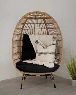 Rattan Wicker Egg Chair with Black Cushions