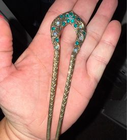 Vintage Gold Hair Fork with Teal Rhinestones