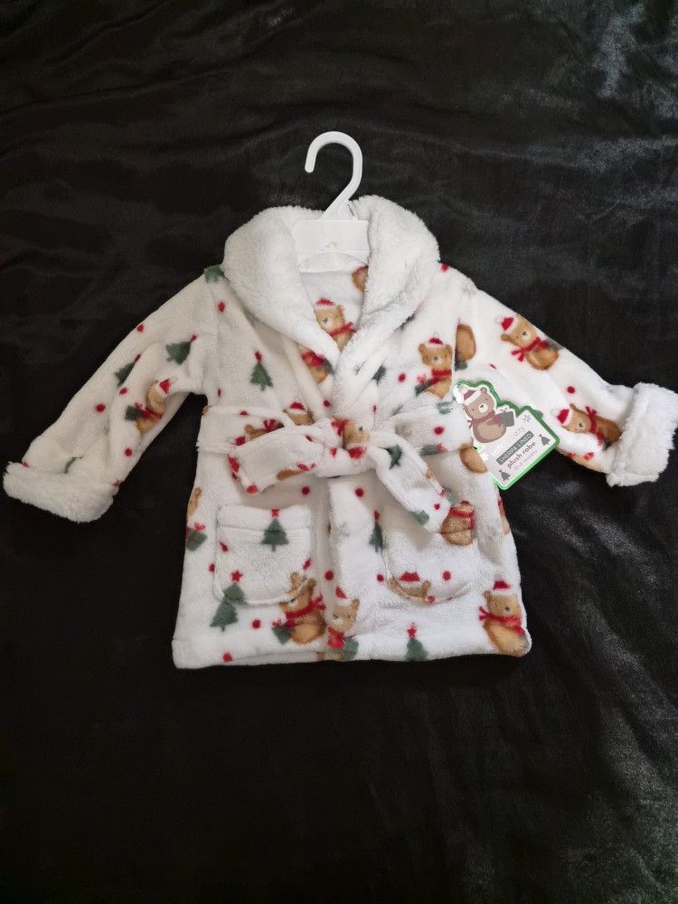 0/6 Month Christmas Teddy Bears And Trees Robe - New