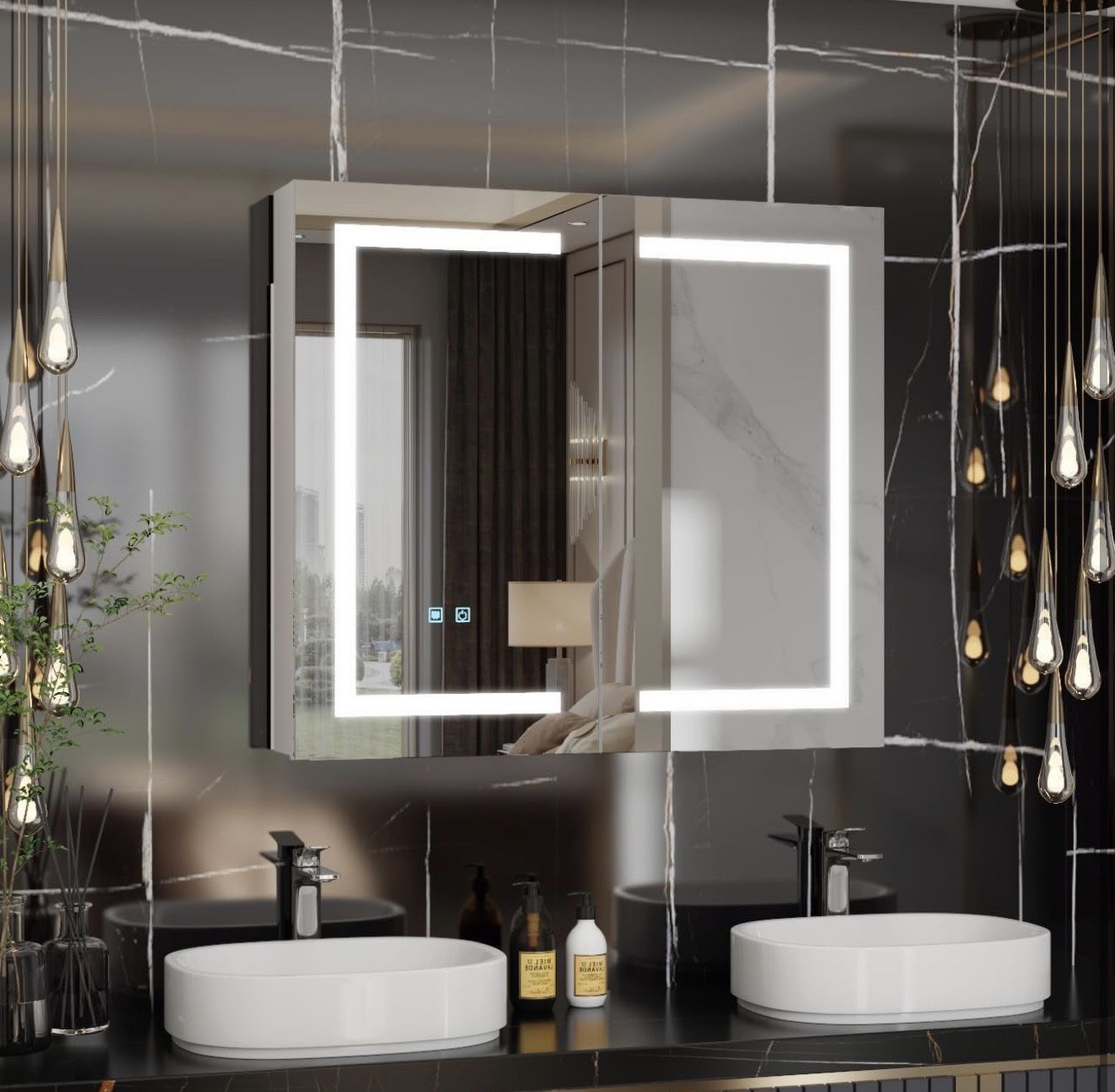 Bathroom Medicine Cabinet,35" Bathroom Mirrors for Over Sink with Storage,LED Lights,Large Wall Mounted Mirrored Medicine Cabinets for Bathroom, Restr