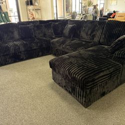 Black Corduroy Sleeper Sofa With Storage Chaise And Pull Out Bed 