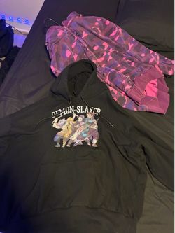 Demon Slayer black hoodie and pink camo shorts bundle
