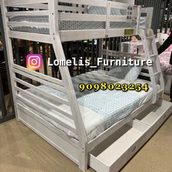 Twin/Full Brush White Bunk bed w. Drawers & Orthopedic Mattresses Included 
