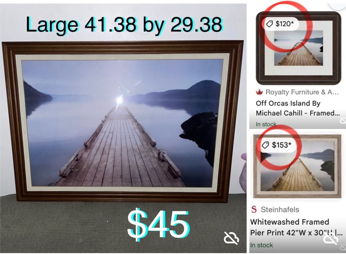 $45 Large Wall decor 41.38” by 29.38” with Glass & nice Brown Frame off Orcas Island