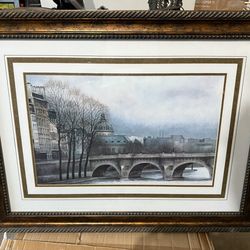 Elegant Framed Paris Bridge “le Pont Neuf” By Andre Renoux 24x32