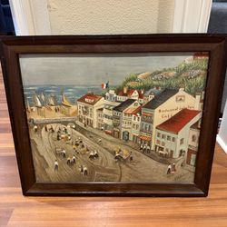 Framed French Harbor Painting R.H. Dubois 23x19.5 Museum Glass