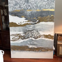 Oversized Modern Abstract Canvas Wall Art – Gray, White & Gold – 6ft Tall