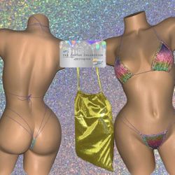EXOTIC DANCE/ CLUB/ RAVE WEAR: BEDAZZLED 2 PIECE SET & GLITTER MONEY BAG
