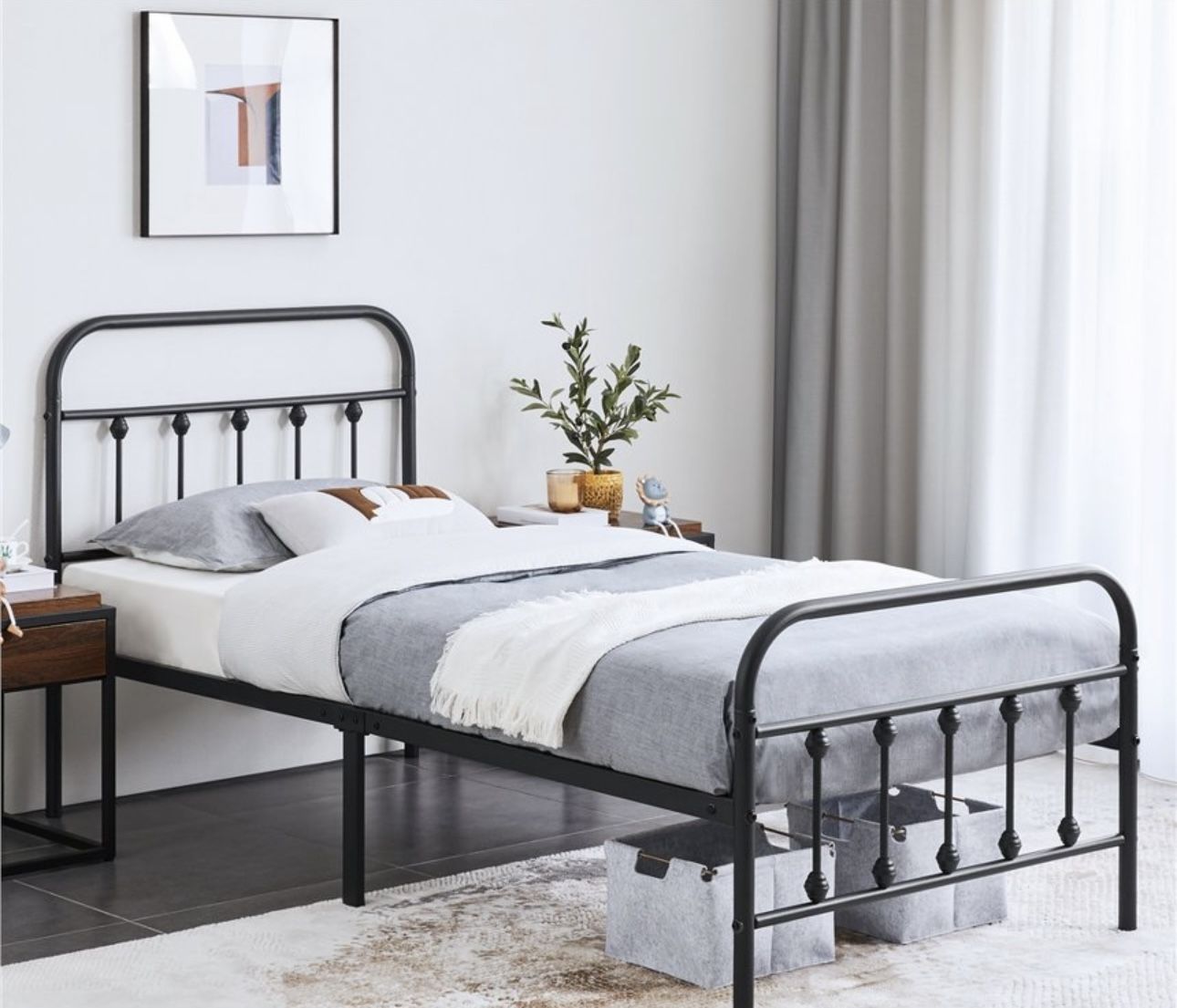 Iron Platform Bed Frame with High Headboard and Footboard, Black(Twin XL)
