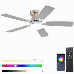 Ceiling Fans with Lights, 48 inch Low Profile Ceiling Fan with Light and Remote Control, Flush Mount RGB Dimmable Light, Noiseless, Nickel Ceiling Fan