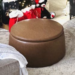 Modern Round Storage Ottoman – Cognac Faux Leather – 34”