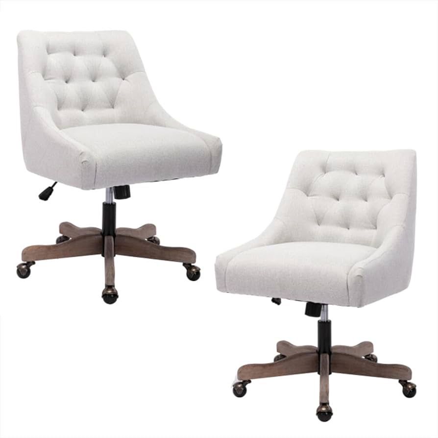 2pcs Swivel Home Office Chairs, Modern Fabric Upholstered Tufted Accent Computer Desk Chairs with Ergonomic Wide Backrest and Wooden Legs, Height Adju