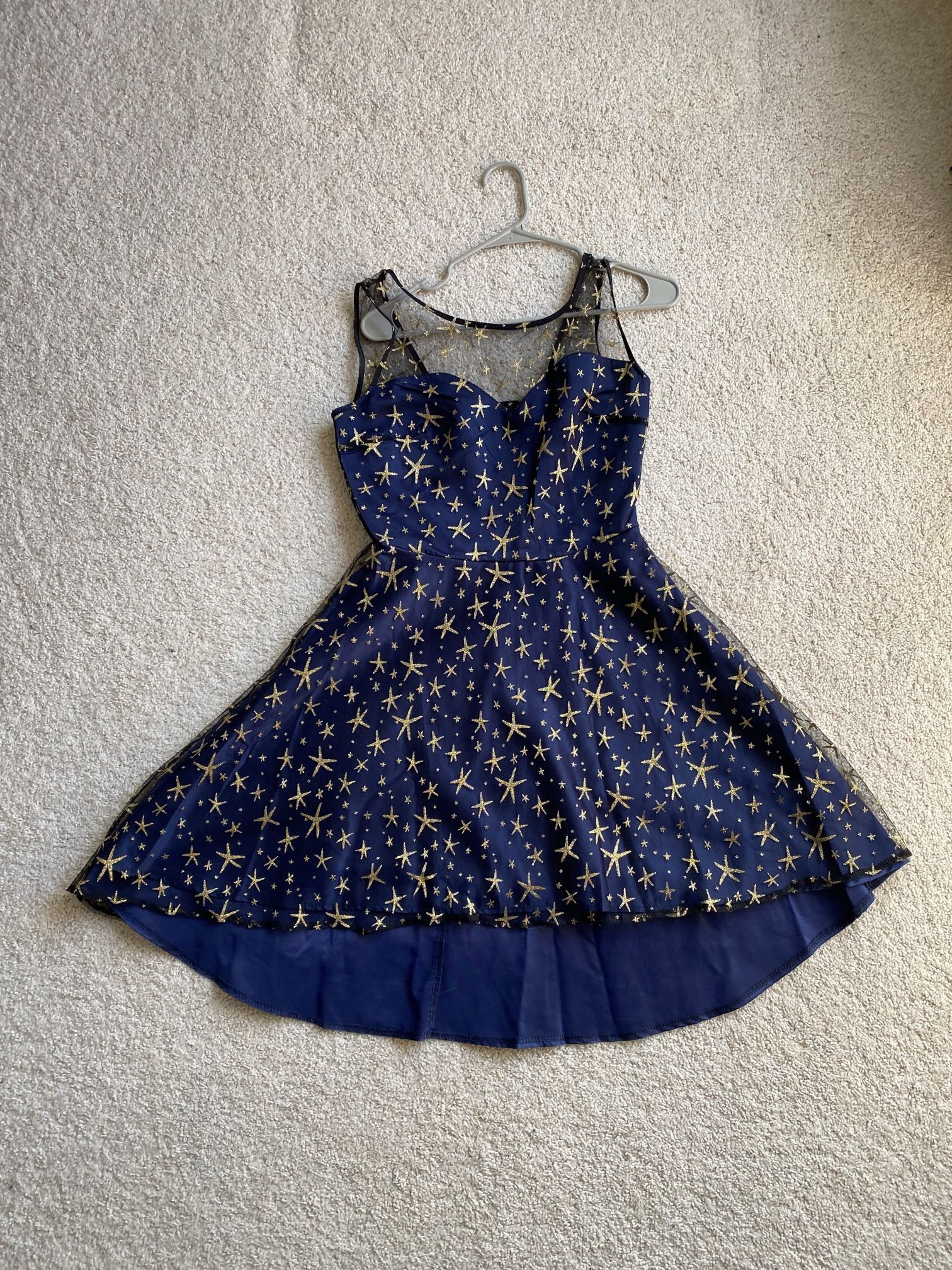 Navy Blue Dress with Black and Glitter Gold Starry Mesh Outer Layer