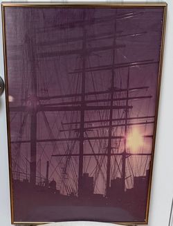 Pair of Framed Tall Ship Masts Sunset Prints - Gold Metal Frames with Glass