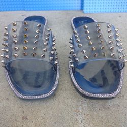 Nicole Miller Size 6 Fonzie Spiked Jelly Slide Sandals Rhinestones Gray Black