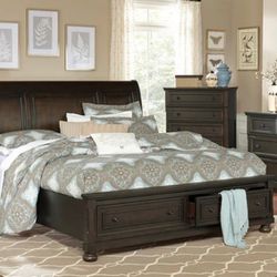 Begonia Grayish Brown Sleigh Storage Platform Bedroom Set,
5-PIECE (BED, DRESSER, MIRROR, NIGHTSTAND AND CHEST)