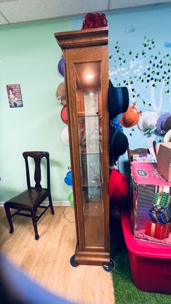 Tall Wood and Glass Curio Display Cabinet