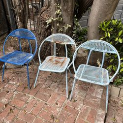 Three Vintage Blue Metal Chairs