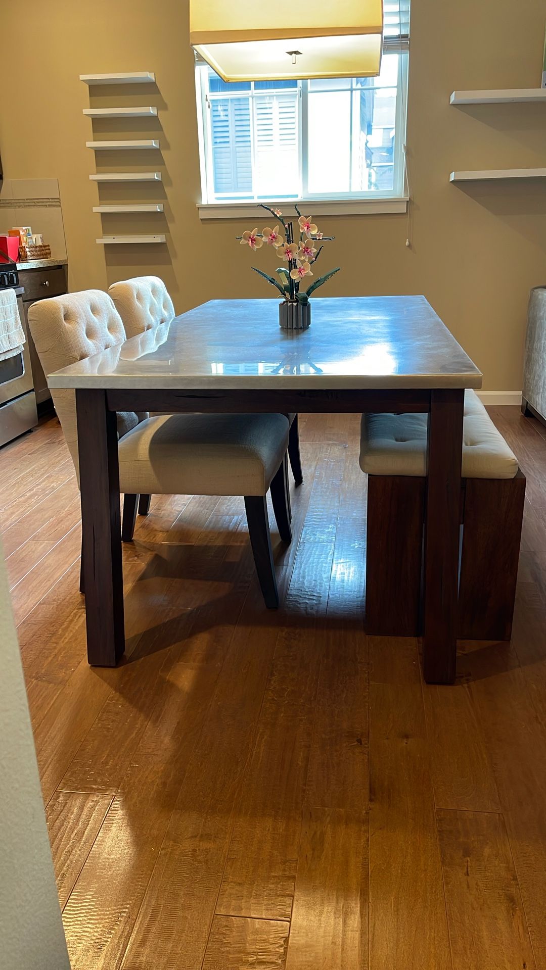 Stainless Steel Top Dining Table With Chairs And Bench, Set Of 4