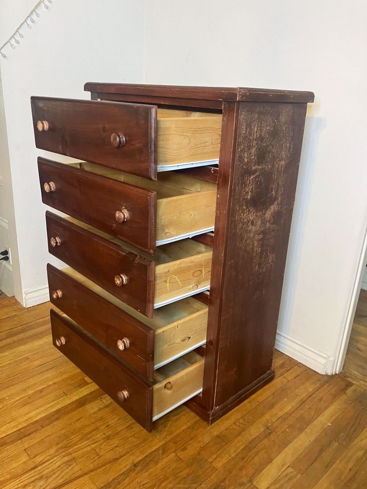 Tall Brown Pine Wood 5-Drawer Dresser Double Knob Chest