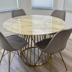 Modern Round Dining Table with 4 Velvet Chairs 