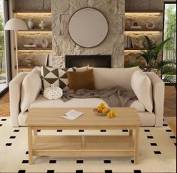 47.2” Solid Pine Wood Coffee Table with PE Rattan Storage Shelf – Oak  (Already Assembled)