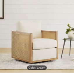 CHITA Swivel Accent Chair, Rattan Arm Chair for Living Room and Bedroom, Fully Assembled, Cream Fabric with Natural Frame
