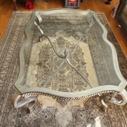 Large Antiqued Silver Coffee Table - Beveled Glass Top - Inglewood