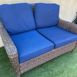 Wicker Outdoor Loveseat with Blue Cushions - Hampton Bay - Local Delivery for a Fee - See My Items😎