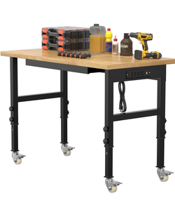 48" Adjustable Workbench,Heavy-Duty Work Table,3000 LBS Load Capacity Hardwood Workstation Outlets with Power Strips, Drawers and Wheels,for Workshop,