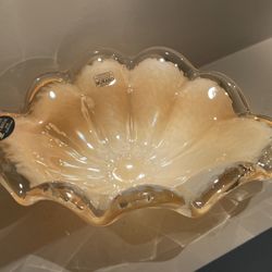  Vintage Murano Crystal Art Glass Centerpiece Bowl — Amber Scalloped Edge, Handcrafted in Italy  