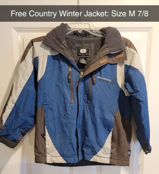 Boys Size 7/8 Medium - Hooded (Removable) Blue w/Cream/Black Jacket