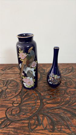 Vintage Cobalt Blue Vases With Gold Trim (set of 2) 