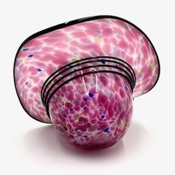 Murano Millefiori Style Hand Blown Art Glass Pink Black Speckled Hat Flower