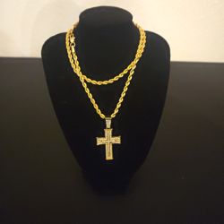 New In Box Rope Chain With Bling Cross Gold Plated 