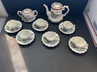Full set of New, Vintage Japanese Kutani Hand-painted Porcelain Tea Set with Mount Fuji Landscape