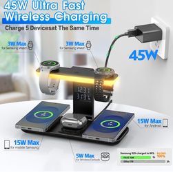 Dual Magnetic Wireless Charger for Samsung, 7 in 1 for Samsung Charging Station,45W Dual Phone with Two Light Styles Light & Clock,for Samsung S26,for